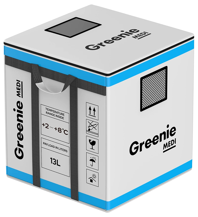 Greenie MEDI reusable parcel shipper with the temperature range printed on the carton